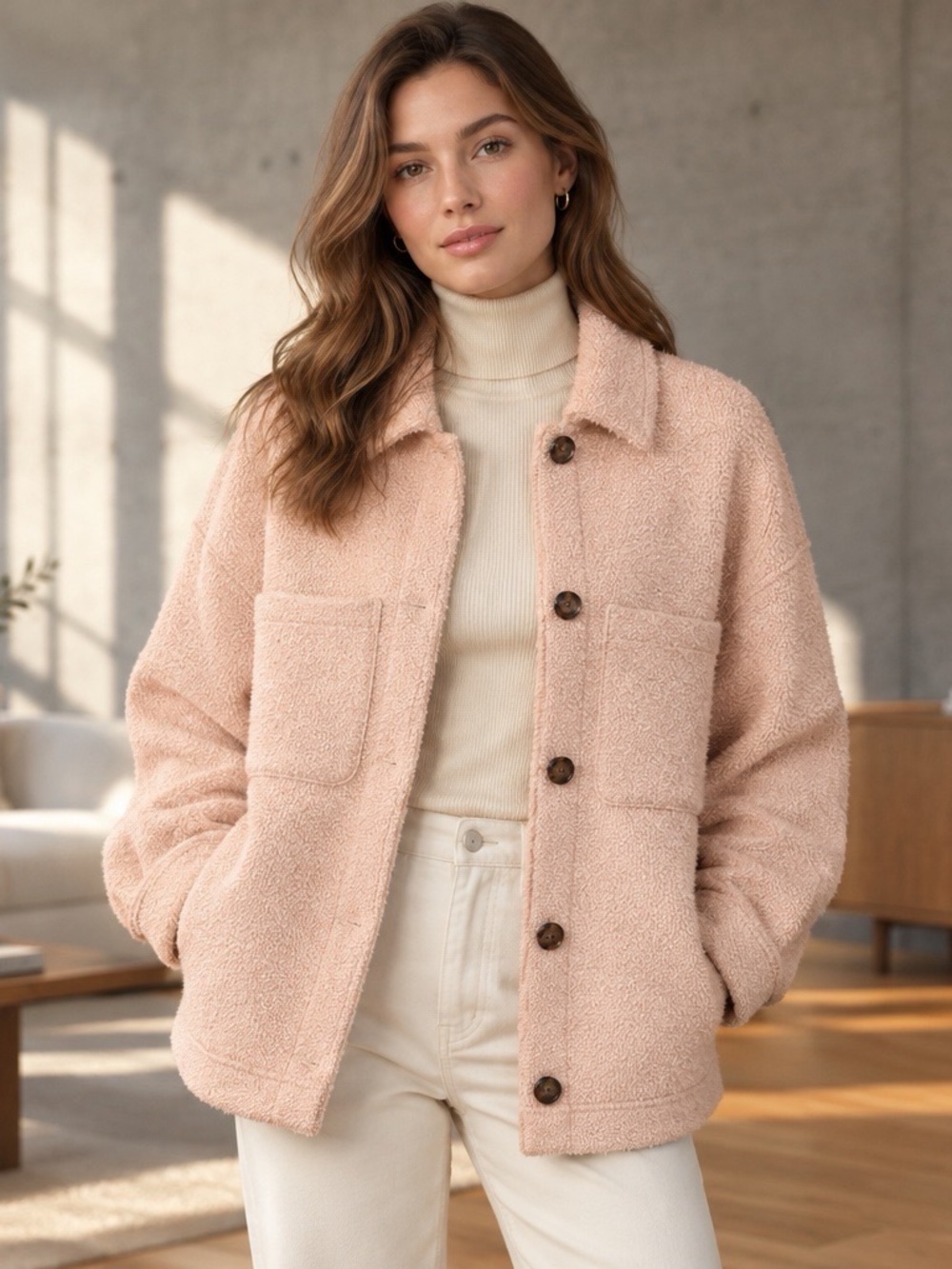 Anthropologie Greylin Fuzzy Knit Shacket Beige Button Front Jacket M